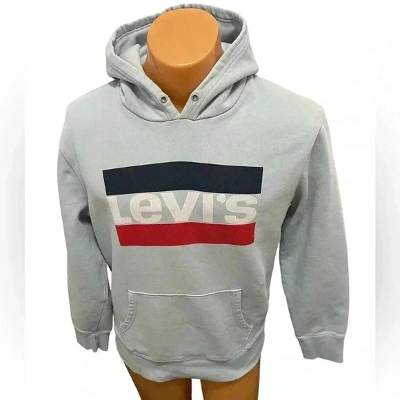Levis Hoodie Mens Medium Blue Pullover Hooded Sweatshirt Logo Spell Out Pocket - Picture 1 of 9